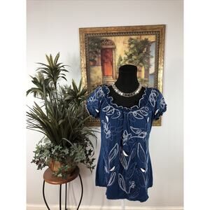 Lauren Michelle Women Blue Embroidered Cap Sleeve Top M Pullover Boho Floral